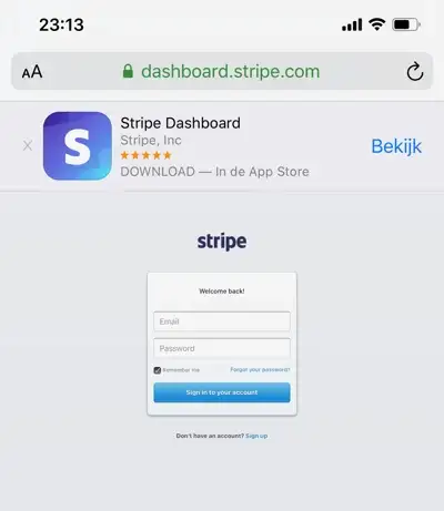 Stripe login screen on mobile
